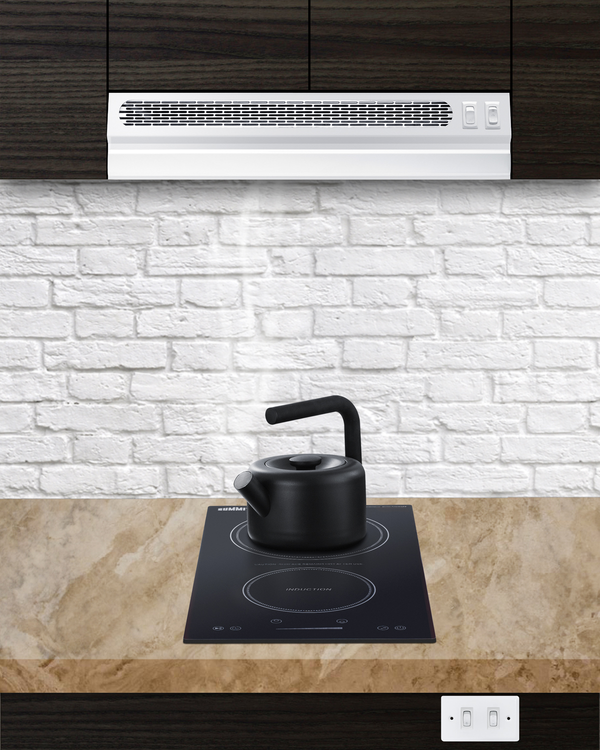 18 inch wide ADA compliant under cabinet retractable range hood for ductless use in white, made in the USA with separate wall switch for ADA applications